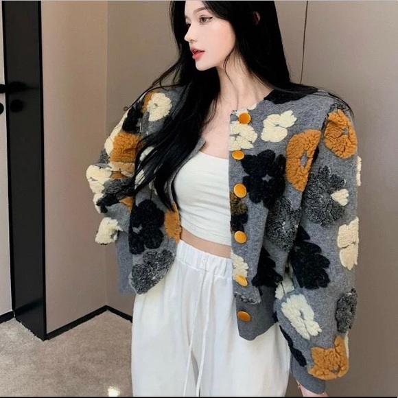 Floral jacket puff sleeve coat fuzzy 3d flowers runway fashion womens bomber - Picture 7 of 12
